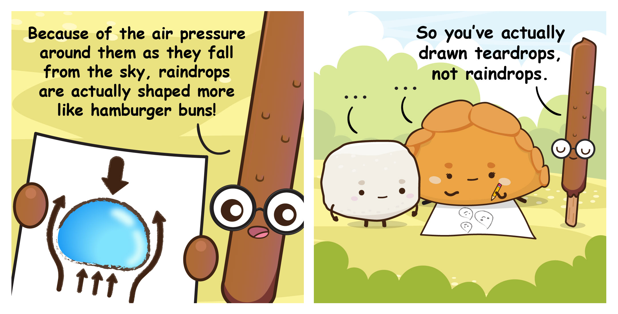 Cartoon: stick explains raindrops are bun-shaped; bun tells marshmallow they drew teardrops, not raindrops.